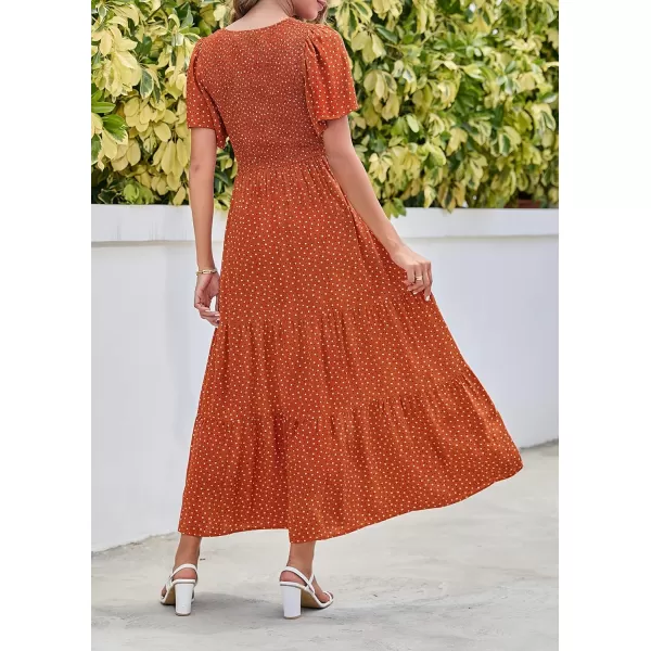 ZESICA Womens 2024 Summer Casual Floral Print Short Flutter Sleeve Crew Neck Smocked High Waist Flowy Maxi DressCaramel