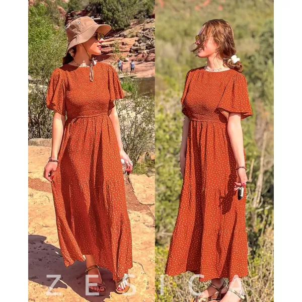 ZESICA Womens 2024 Summer Casual Floral Print Short Flutter Sleeve Crew Neck Smocked High Waist Flowy Maxi DressCaramel