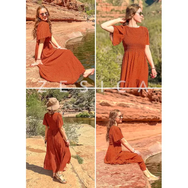 ZESICA Womens 2024 Summer Casual Floral Print Short Flutter Sleeve Crew Neck Smocked High Waist Flowy Maxi DressCaramel