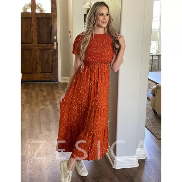 ZESICA Womens 2024 Summer Casual Floral Print Short Flutter Sleeve Crew Neck Smocked High Waist Flowy Maxi DressCaramel