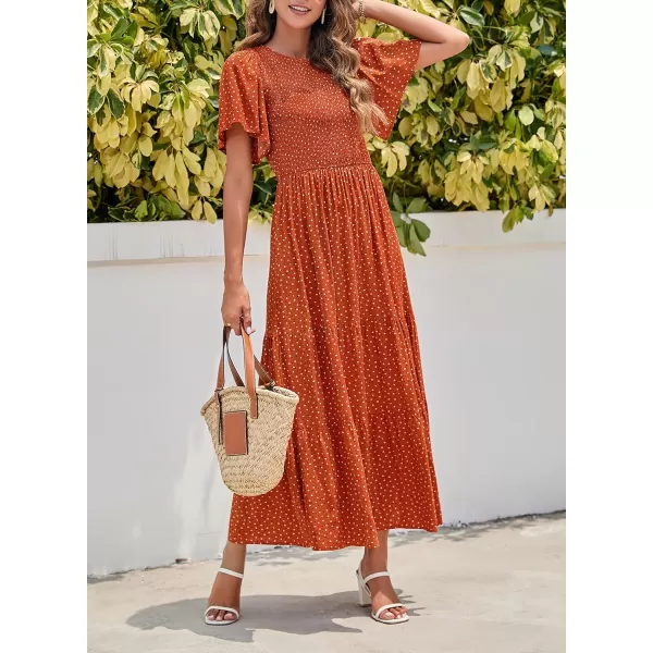 ZESICA Womens 2024 Summer Casual Floral Print Short Flutter Sleeve Crew Neck Smocked High Waist Flowy Maxi DressCaramel