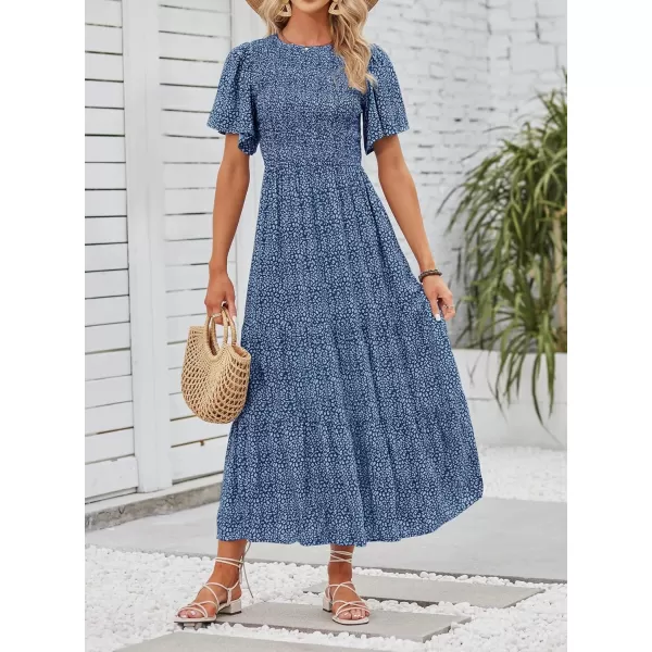 ZESICA Womens 2024 Summer Casual Floral Print Short Flutter Sleeve Crew Neck Smocked High Waist Flowy Maxi DressDarkblue