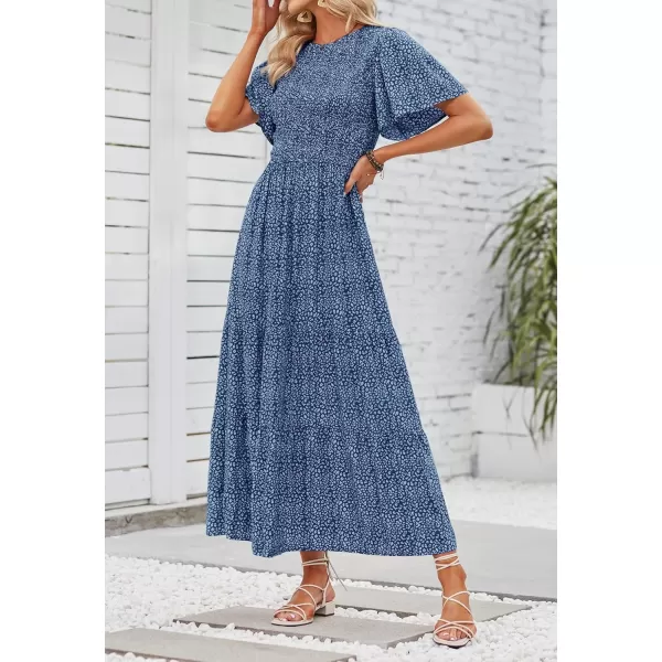 ZESICA Womens 2024 Summer Casual Floral Print Short Flutter Sleeve Crew Neck Smocked High Waist Flowy Maxi DressDarkblue