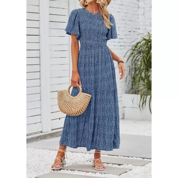 ZESICA Womens 2024 Summer Casual Floral Print Short Flutter Sleeve Crew Neck Smocked High Waist Flowy Maxi DressDarkblue