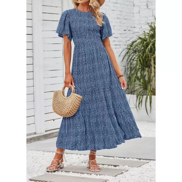 ZESICA Womens 2024 Summer Casual Floral Print Short Flutter Sleeve Crew Neck Smocked High Waist Flowy Maxi DressDarkblue