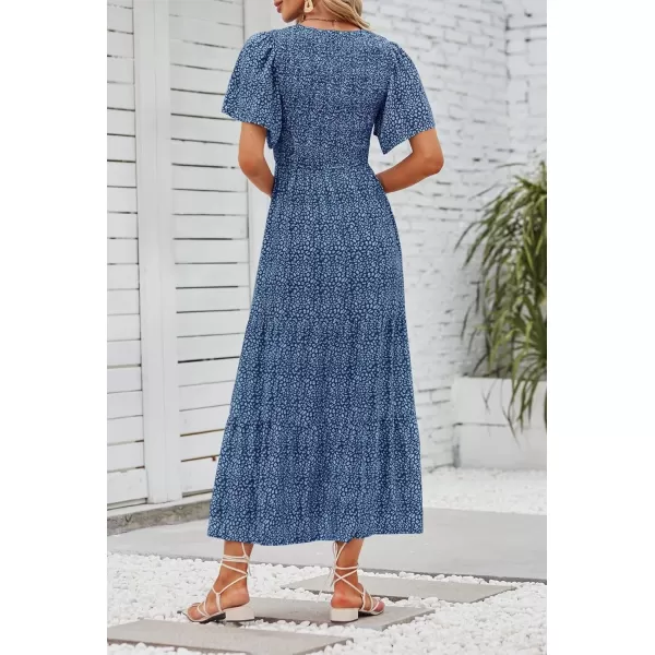 ZESICA Womens 2024 Summer Casual Floral Print Short Flutter Sleeve Crew Neck Smocked High Waist Flowy Maxi DressDarkblue