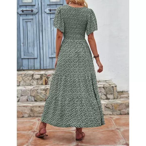 ZESICA Womens 2024 Summer Casual Floral Print Short Flutter Sleeve Crew Neck Smocked High Waist Flowy Maxi DressDarkgreen