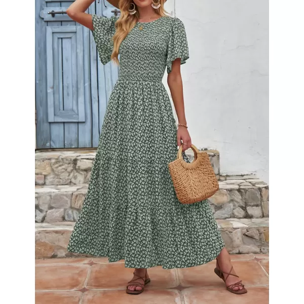 ZESICA Womens 2024 Summer Casual Floral Print Short Flutter Sleeve Crew Neck Smocked High Waist Flowy Maxi DressDarkgreen