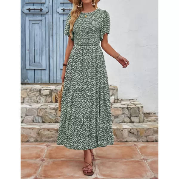 ZESICA Womens 2024 Summer Casual Floral Print Short Flutter Sleeve Crew Neck Smocked High Waist Flowy Maxi DressDarkgreen