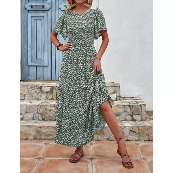 ZESICA Womens 2024 Summer Casual Floral Print Short Flutter Sleeve Crew Neck Smocked High Waist Flowy Maxi DressDarkgreen