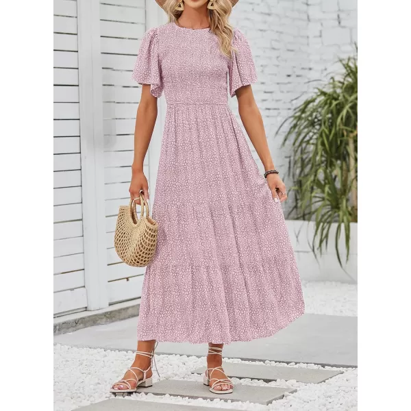 ZESICA Womens 2024 Summer Casual Floral Print Short Flutter Sleeve Crew Neck Smocked High Waist Flowy Maxi DressDarkpink