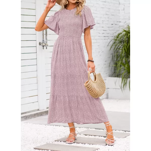 ZESICA Womens 2024 Summer Casual Floral Print Short Flutter Sleeve Crew Neck Smocked High Waist Flowy Maxi DressDarkpink