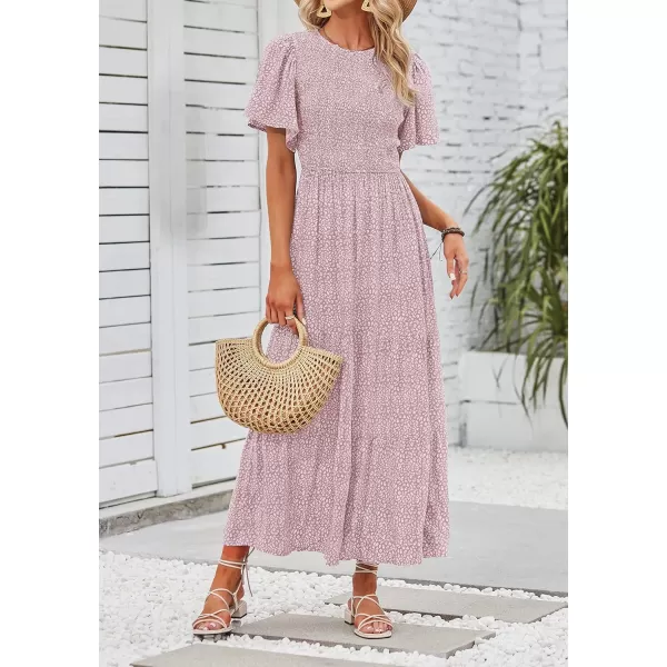ZESICA Womens 2024 Summer Casual Floral Print Short Flutter Sleeve Crew Neck Smocked High Waist Flowy Maxi DressDarkpink