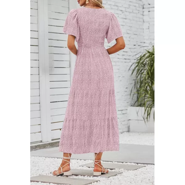 ZESICA Womens 2024 Summer Casual Floral Print Short Flutter Sleeve Crew Neck Smocked High Waist Flowy Maxi DressDarkpink