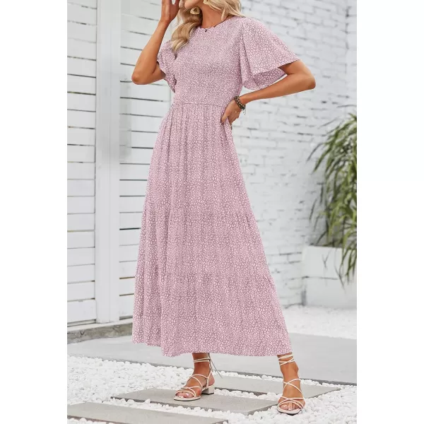 ZESICA Womens 2024 Summer Casual Floral Print Short Flutter Sleeve Crew Neck Smocked High Waist Flowy Maxi DressDarkpink