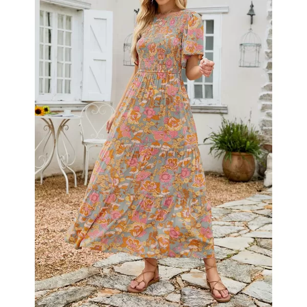 ZESICA Womens 2024 Summer Casual Floral Print Short Flutter Sleeve Crew Neck Smocked High Waist Flowy Maxi DressGreygreen