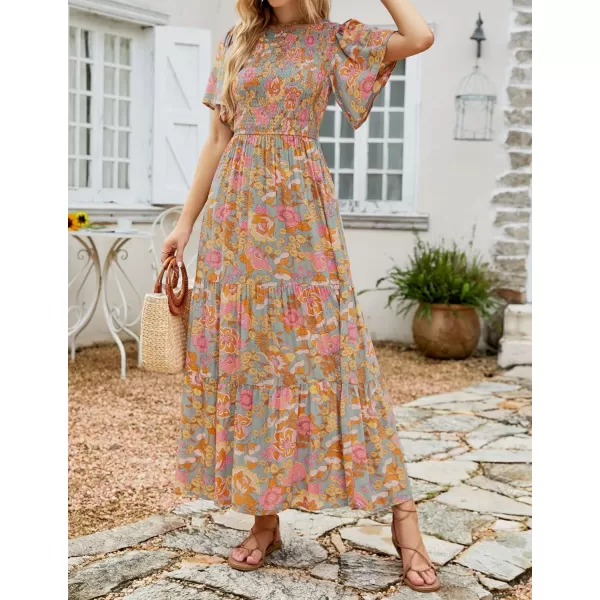 ZESICA Womens 2024 Summer Casual Floral Print Short Flutter Sleeve Crew Neck Smocked High Waist Flowy Maxi DressGreygreen