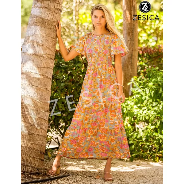 ZESICA Womens 2024 Summer Casual Floral Print Short Flutter Sleeve Crew Neck Smocked High Waist Flowy Maxi DressGreygreen