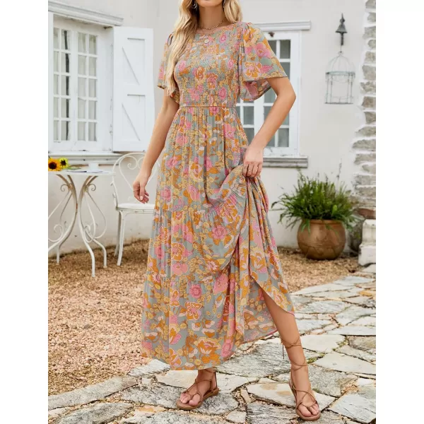 ZESICA Womens 2024 Summer Casual Floral Print Short Flutter Sleeve Crew Neck Smocked High Waist Flowy Maxi DressGreygreen