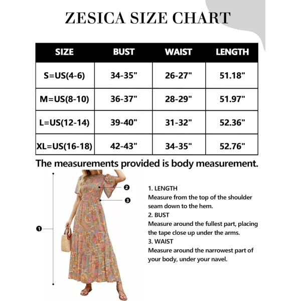 ZESICA Womens 2024 Summer Casual Floral Print Short Flutter Sleeve Crew Neck Smocked High Waist Flowy Maxi DressGreygreen