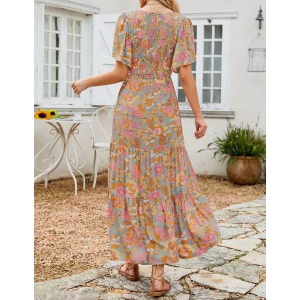 ZESICA Womens 2024 Summer Casual Floral Print Short Flutter Sleeve Crew Neck Smocked High Waist Flowy Maxi DressGreygreen