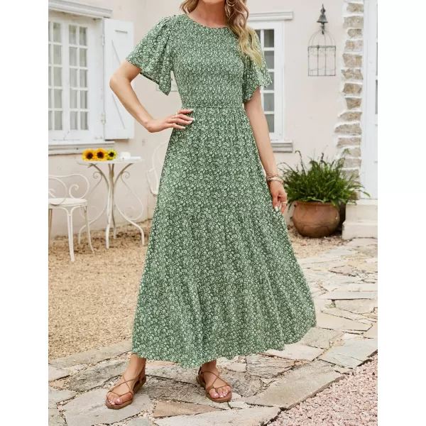 ZESICA Womens 2024 Summer Casual Floral Print Short Flutter Sleeve Crew Neck Smocked High Waist Flowy Maxi DressOlive