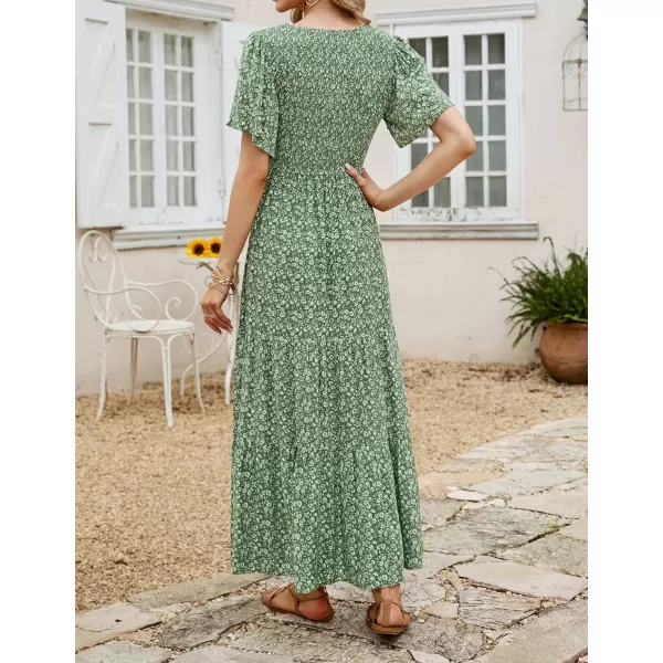 ZESICA Womens 2024 Summer Casual Floral Print Short Flutter Sleeve Crew Neck Smocked High Waist Flowy Maxi DressOlive
