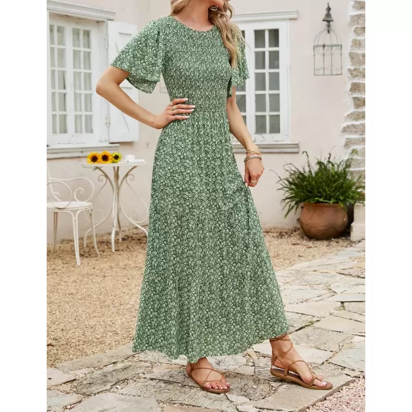 ZESICA Womens 2024 Summer Casual Floral Print Short Flutter Sleeve Crew Neck Smocked High Waist Flowy Maxi DressOlive