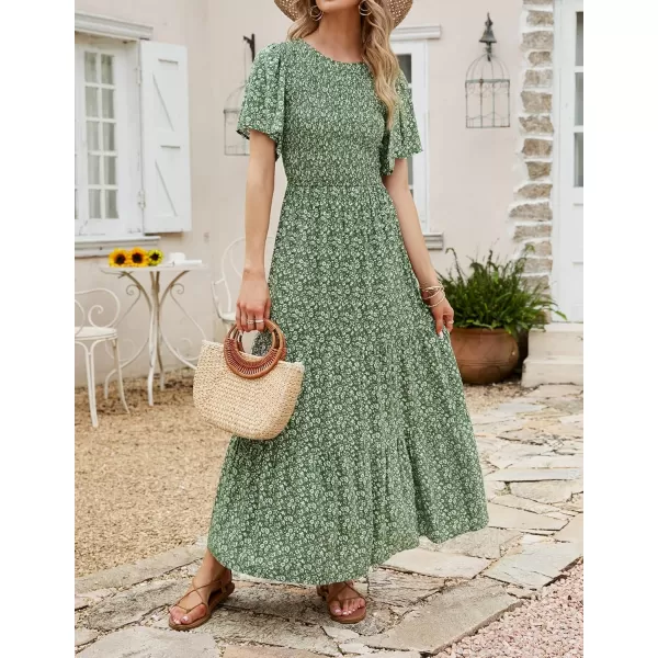 ZESICA Womens 2024 Summer Casual Floral Print Short Flutter Sleeve Crew Neck Smocked High Waist Flowy Maxi DressOlive
