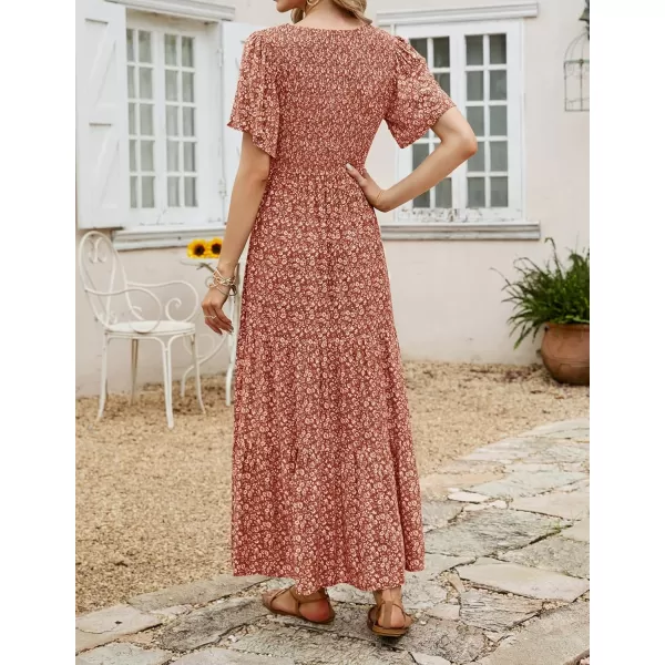 ZESICA Womens 2024 Summer Casual Floral Print Short Flutter Sleeve Crew Neck Smocked High Waist Flowy Maxi DressOrange