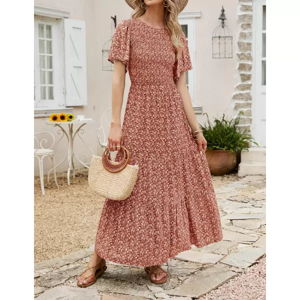 ZESICA Womens 2024 Summer Casual Floral Print Short Flutter Sleeve Crew Neck Smocked High Waist Flowy Maxi DressOrange