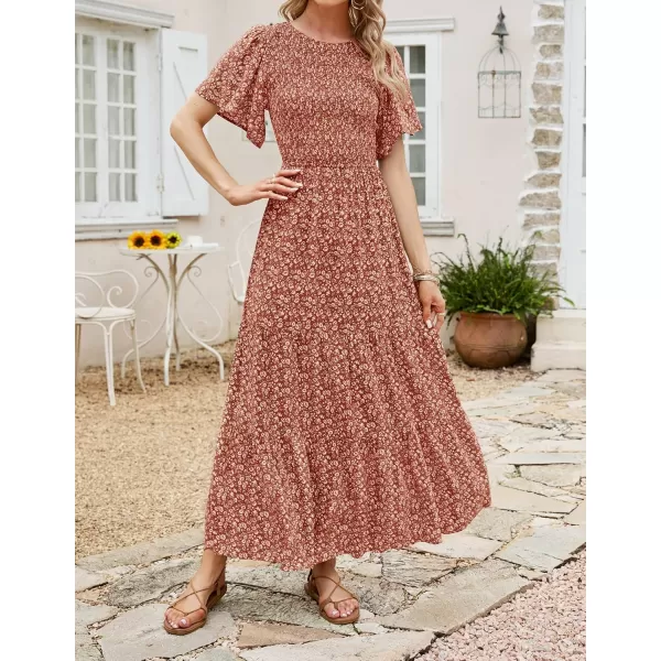 ZESICA Womens 2024 Summer Casual Floral Print Short Flutter Sleeve Crew Neck Smocked High Waist Flowy Maxi DressOrange