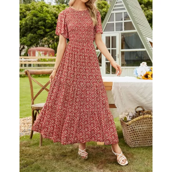 ZESICA Womens 2024 Summer Casual Floral Print Short Flutter Sleeve Crew Neck Smocked High Waist Flowy Maxi DressOrangered