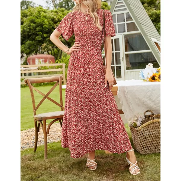 ZESICA Womens 2024 Summer Casual Floral Print Short Flutter Sleeve Crew Neck Smocked High Waist Flowy Maxi DressOrangered