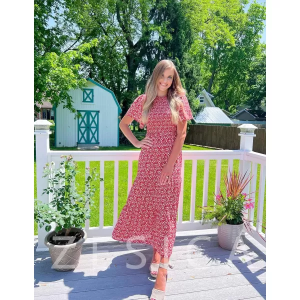 ZESICA Womens 2024 Summer Casual Floral Print Short Flutter Sleeve Crew Neck Smocked High Waist Flowy Maxi DressOrangered