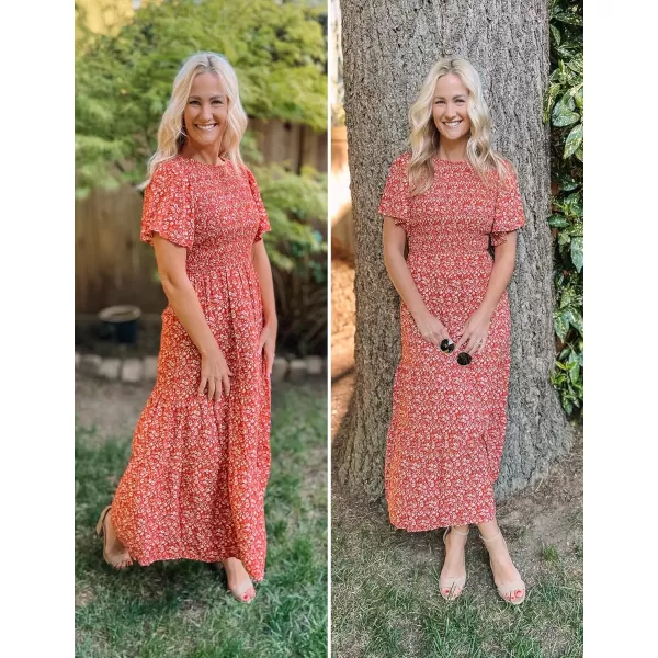 ZESICA Womens 2024 Summer Casual Floral Print Short Flutter Sleeve Crew Neck Smocked High Waist Flowy Maxi DressOrangered