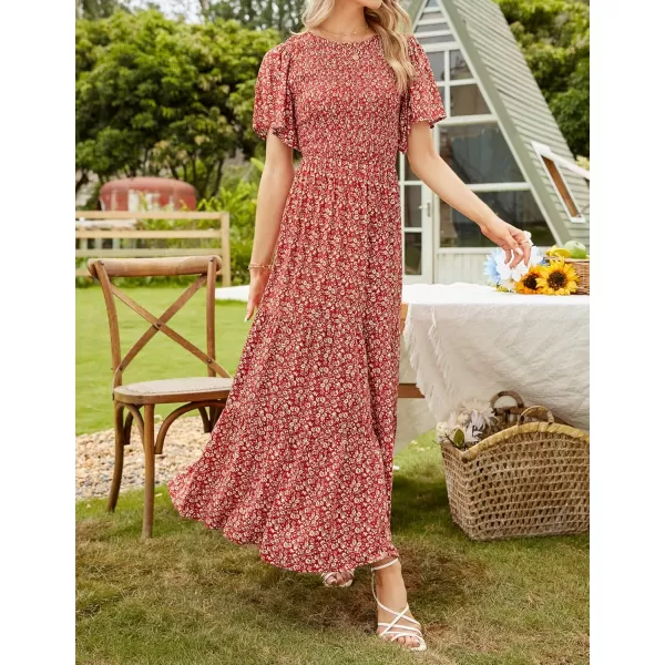 ZESICA Womens 2024 Summer Casual Floral Print Short Flutter Sleeve Crew Neck Smocked High Waist Flowy Maxi DressOrangered