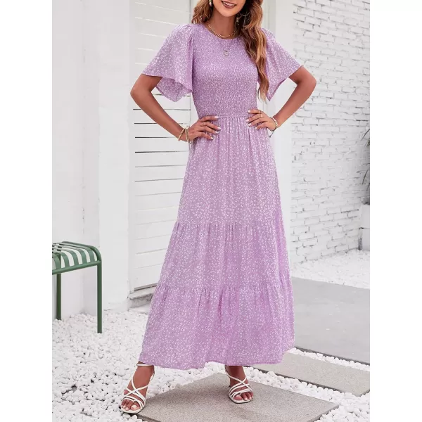 ZESICA Womens 2024 Summer Casual Floral Print Short Flutter Sleeve Crew Neck Smocked High Waist Flowy Maxi DressPurple
