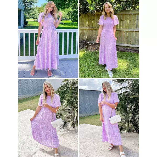 ZESICA Womens 2024 Summer Casual Floral Print Short Flutter Sleeve Crew Neck Smocked High Waist Flowy Maxi DressPurple