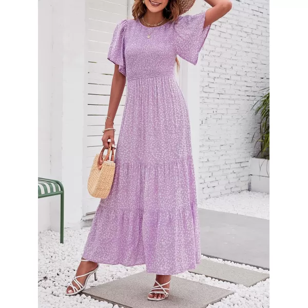 ZESICA Womens 2024 Summer Casual Floral Print Short Flutter Sleeve Crew Neck Smocked High Waist Flowy Maxi DressPurple