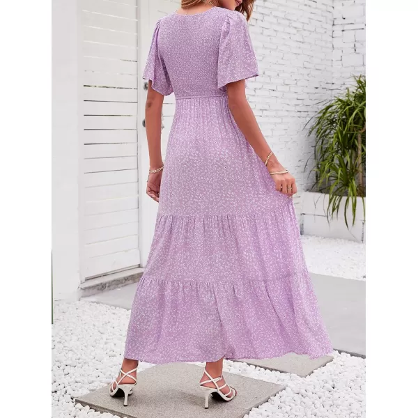 ZESICA Womens 2024 Summer Casual Floral Print Short Flutter Sleeve Crew Neck Smocked High Waist Flowy Maxi DressPurple