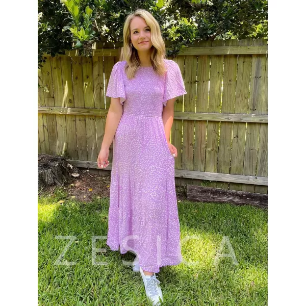 ZESICA Womens 2024 Summer Casual Floral Print Short Flutter Sleeve Crew Neck Smocked High Waist Flowy Maxi DressPurple