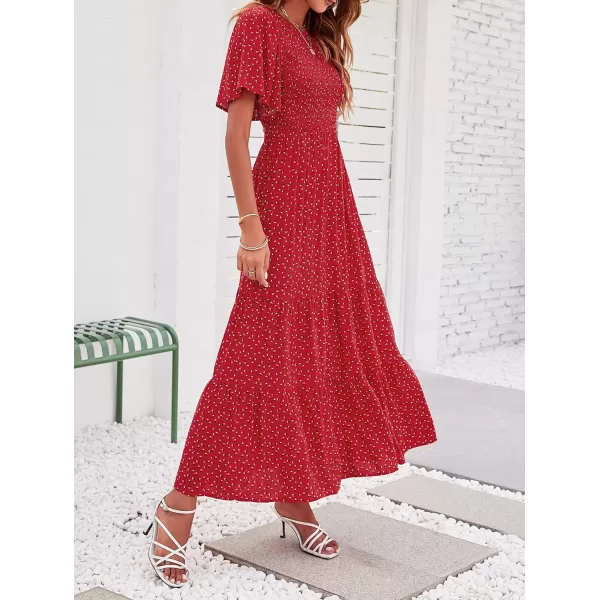 ZESICA Womens 2024 Summer Casual Floral Print Short Flutter Sleeve Crew Neck Smocked High Waist Flowy Maxi DressRed
