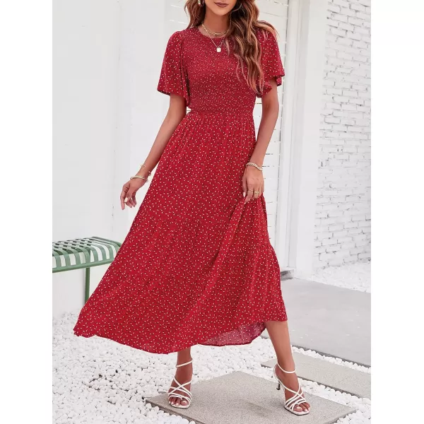 ZESICA Womens 2024 Summer Casual Floral Print Short Flutter Sleeve Crew Neck Smocked High Waist Flowy Maxi DressRed