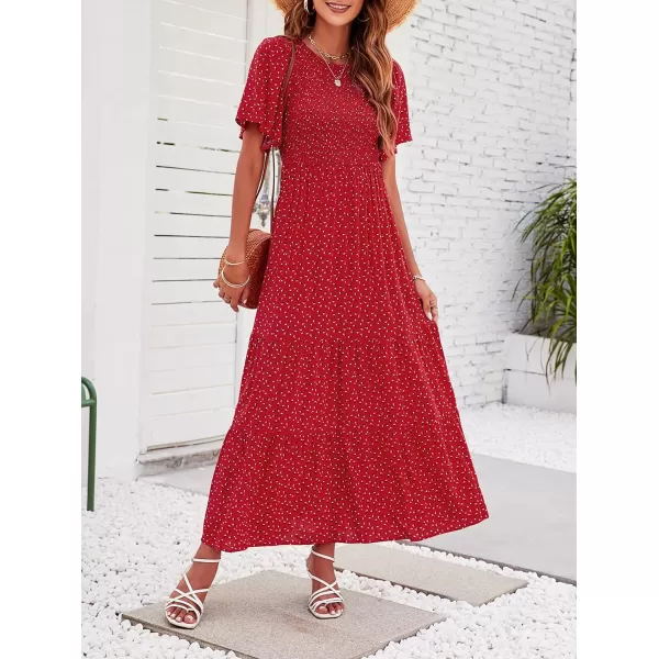 ZESICA Womens 2024 Summer Casual Floral Print Short Flutter Sleeve Crew Neck Smocked High Waist Flowy Maxi DressRed