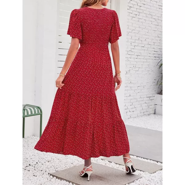 ZESICA Womens 2024 Summer Casual Floral Print Short Flutter Sleeve Crew Neck Smocked High Waist Flowy Maxi DressRed