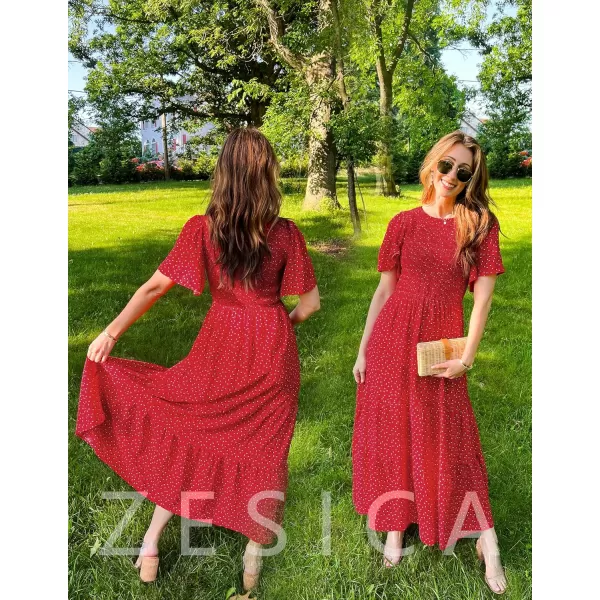 ZESICA Womens 2024 Summer Casual Floral Print Short Flutter Sleeve Crew Neck Smocked High Waist Flowy Maxi DressRed