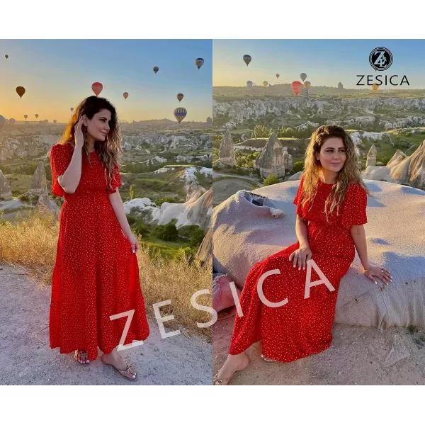ZESICA Womens 2024 Summer Casual Floral Print Short Flutter Sleeve Crew Neck Smocked High Waist Flowy Maxi DressRed