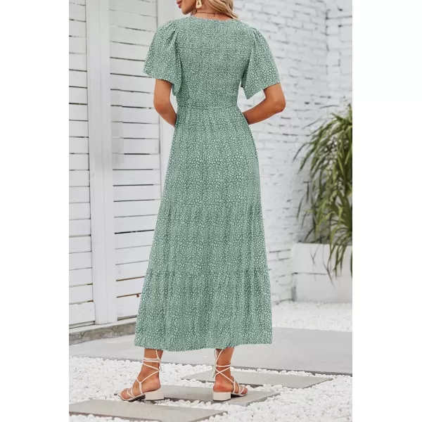 ZESICA Womens 2024 Summer Casual Floral Print Short Flutter Sleeve Crew Neck Smocked High Waist Flowy Maxi DressSage
