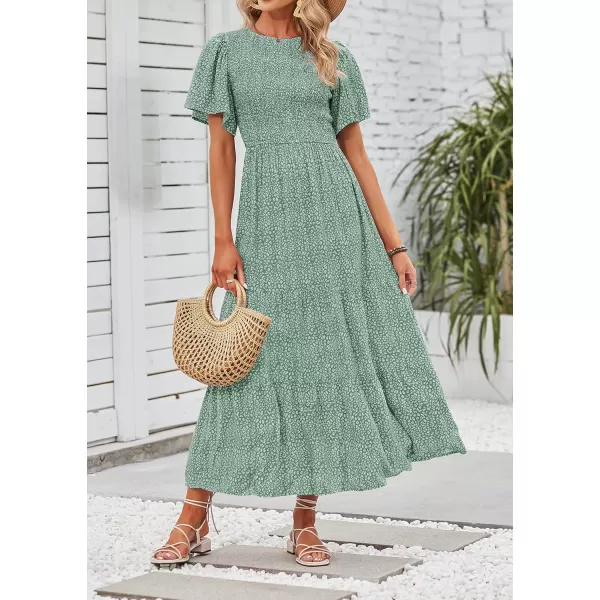 ZESICA Womens 2024 Summer Casual Floral Print Short Flutter Sleeve Crew Neck Smocked High Waist Flowy Maxi DressSage